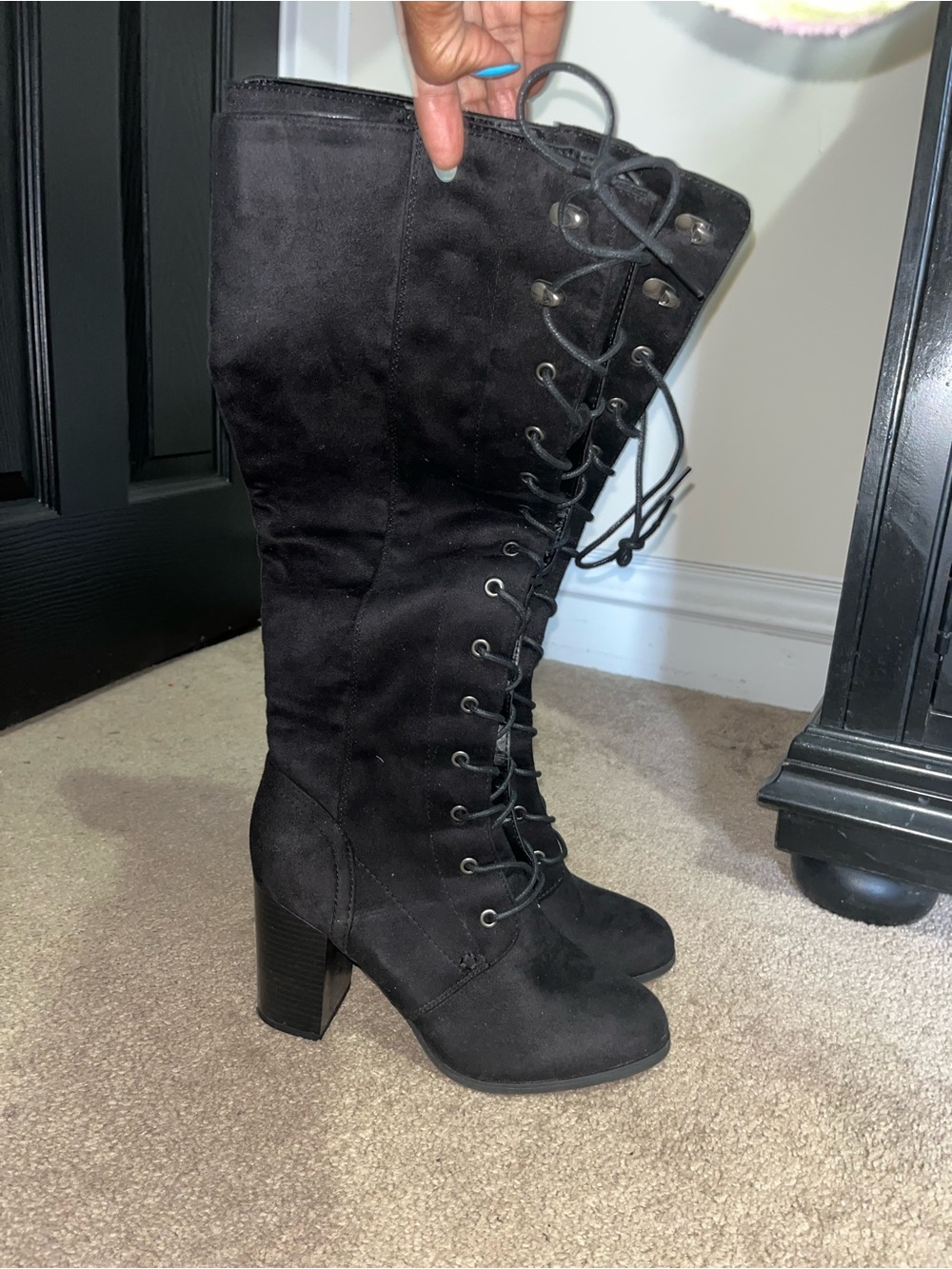 Women Black Lace-Up Over-the-Knee Heeled Boots